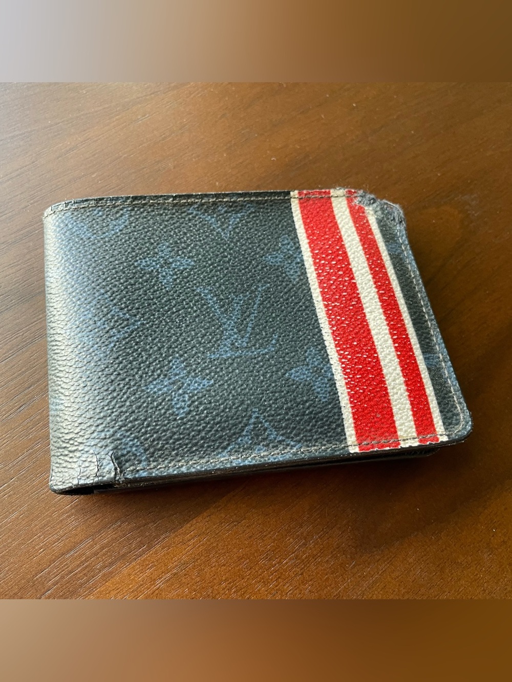 Louis Vuitton Black Monogram Canvas Wallet with Red Stripes
